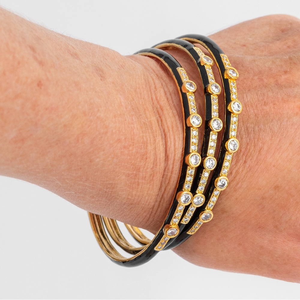 Bangle bracelets set of 3 black with CZs & gold look